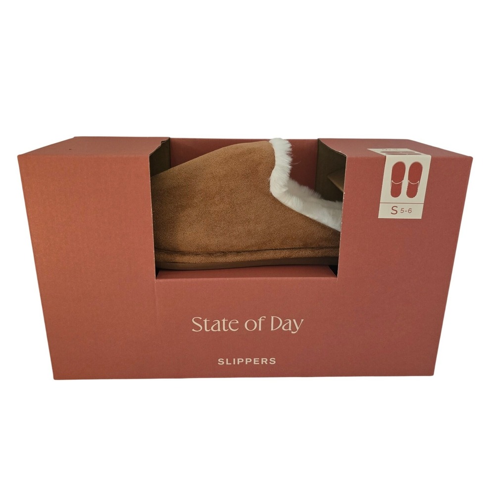 State of Day Cognac Faux Suede Slippers Faux Fur Trim Scuffs Brown 5-6 S